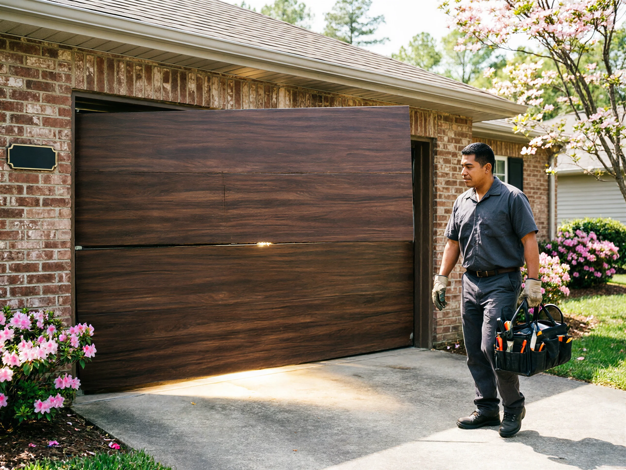 A technician carries a toolbox past a brown garage door that is partially open.