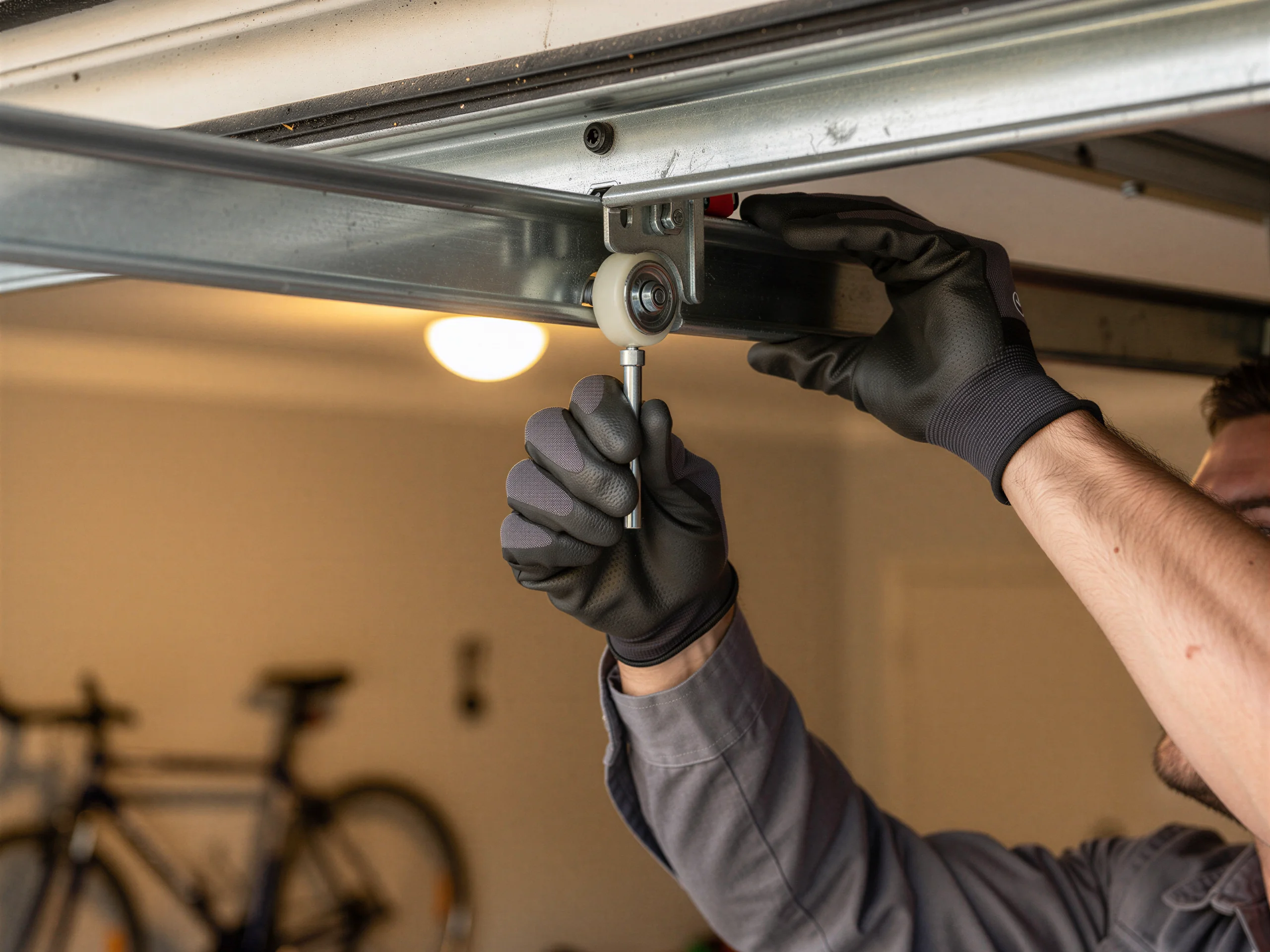 A technician in gloves adjusts a garage door roller on a metal track.